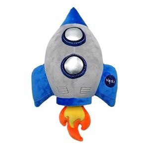 Kids Blue & Gray Rocket Plush Toy with Orange Flame